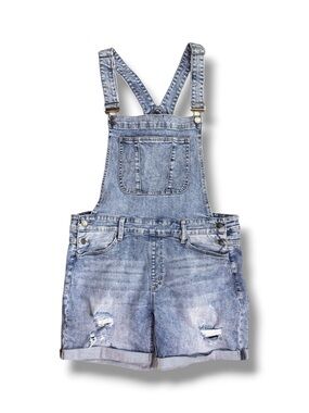 KanCan Light Blue Distressed Denim Short Overalls Sz L